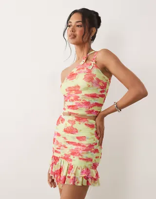 AFRM Jinx mesh ruffle mini skirt in lime and pink floral - part of a set