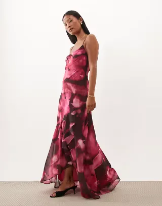 TFNC Petite draped back chiffon cami maxi dress in pink floral print