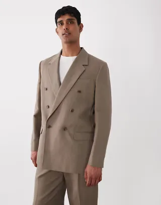 ASOS DESIGN relaxed double breasted linen rich suit jacket in dark brown