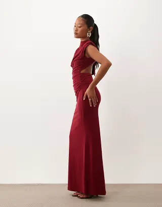 TFNC Petite slinky draped high neck shoulder pad open back maxi dress in burgundy