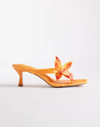 Simmi London Ruby kitten heel sandals with flower detailing in orange