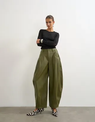Topshop faux leather yoke detail barrel leg in khaki