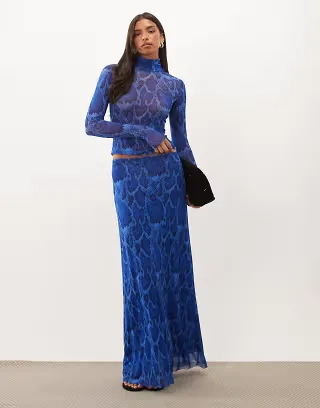 AFRM Sera mesh high rise maxi skirt in cobalt snake print - part of a set