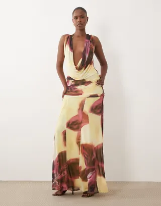 ASOS DESIGN printed mesh deep plunge maxi dress in oversized floral