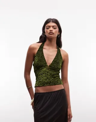 Reclaimed Vintage flocked mesh cami halter top in green