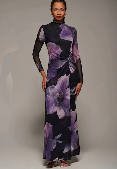 Jolie Moi Women's High Neck Long Sleeve Mesh Maxi Dress