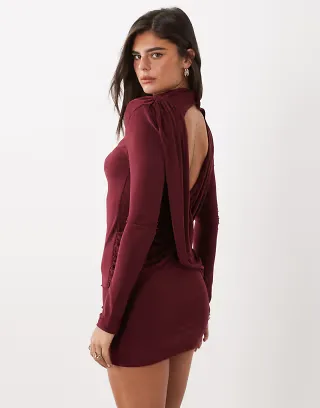 ASOS DESIGN bodycon shoulder mini slinky dress with draped back detail in burgundy
