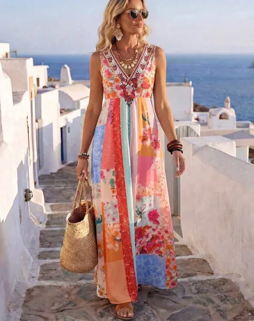SHEIN Women's Floral Patchwork Deep V-Neck A-Line High Waist Maxi Dress