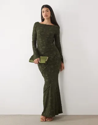 ASOS DESIGN devore long sleeve open back maxi dress in dark khaki