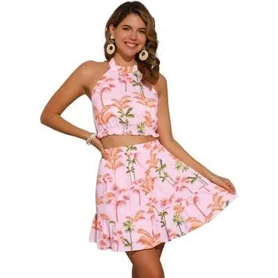 INSPIRE CHIC Women's Floral Halter Neck Sleeveless Crop Top with Short Skirt Outfits Set 2 Pcs Light Pink Large