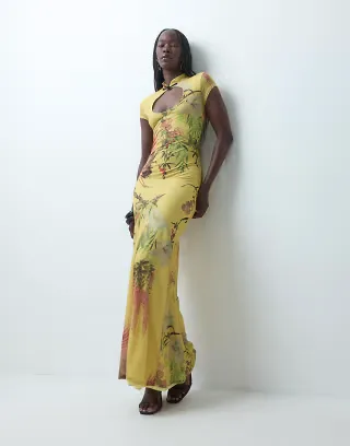 ASOS DESIGN printed stretch chiffon maxi dress with mandarin collar in botanical print