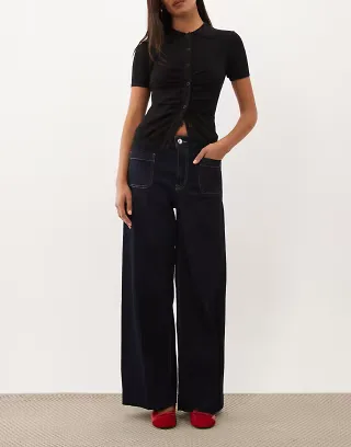 Mango Jessie 100% cotton wide leg pocket detail jeans in indigo