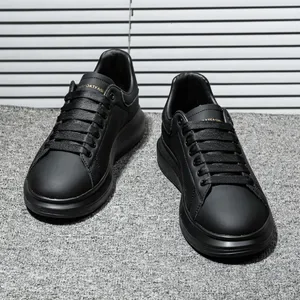 Women Black Platform Skate Shoes Thick Sole Height Increasing Lace Up Leather Casual Daily Walking Sneakers