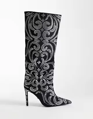 Azalea Wang parfum pointed knee boots with intricate sequin pattern in black and silver