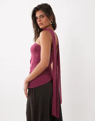 ASOS DESIGN mesh bubble scarf top with knot in raspberry