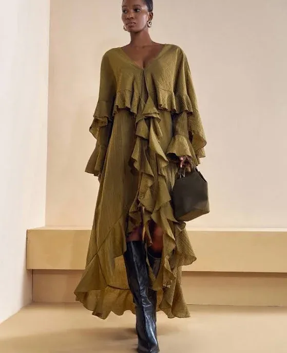 Women's Ruffled Loose Fit V-Neck Batwing Sleeve Maxi Dress