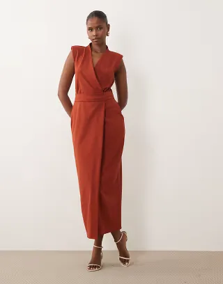ASOS DESIGN belted wrap midi dress with shoulder pad in rust scuba-style fabric