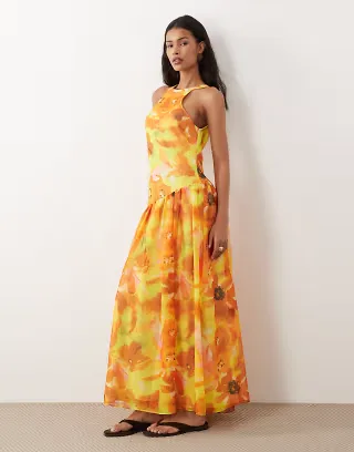 ASOS DESIGN racer back maxi dress with asymmetric waist detail in floral print
