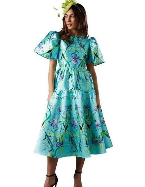 Coast Women's Twill Puff Sleeve Printed Midi Dress - Green - Casual dresses
