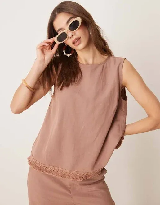 ASOS Design Linen Blend Shell Top with Tassel Hem
