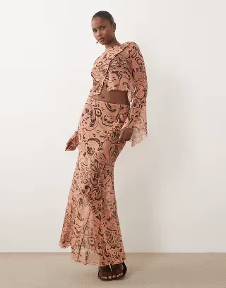 ASOS DESIGN sheer maxi skirt & cardigan set in coral and brown abstract