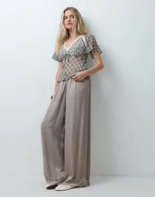 Reclaimed vintage satin trouser with lace trim in mushroom