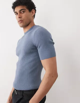 ASOS DESIGN Essential muscle-fit fine-rib knit crew-neck T-shirt in blue