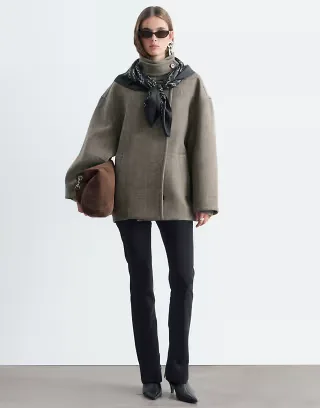 & Other Stories wool blend short funnel neck jacket in olive herringbone
