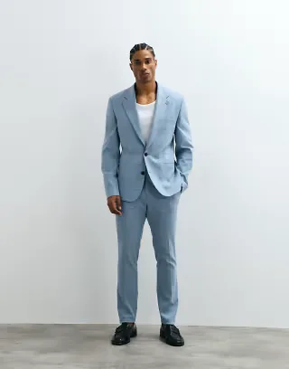 ASOS DESIGN linen blend skinny suit in blue grid check
