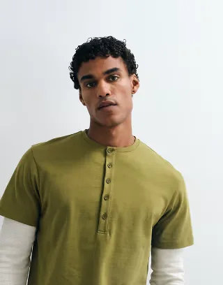 ASOS DESIGN regular fit long sleeve T-shirt with Henley and double layer in khaki waffle