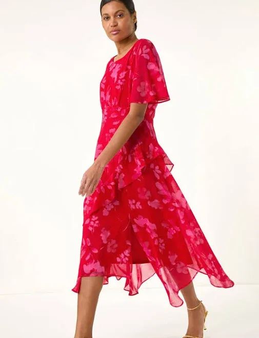 Roman Women's Floral Frill High Low Midi Dress