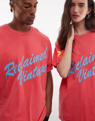 Reclaimed Vintage Unisex varsity slogan t-shirt in red