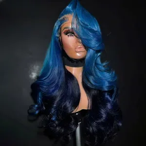 Ombre Blue Body Wave Human Hair Wigs 13x4 HD Lace Glueless Preplucked Brazilian Hair for Women - Party, Daily Wear, Cosp