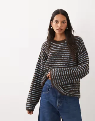 4th & Reckless Exclusive wool feel textured wide sleeve crew neck sweater in chocolate & blue stripe