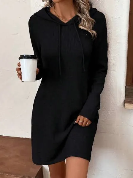 SHEIN Black Hooded Sweater Dresses Long Sleeve Fall Winter Knit Jumper Drawstring Drop Shoulder Loose Fit Knitwear Casua