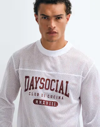 ASOS DESIGN boxy oversized long sleeve t-shirt with daysocial print in white athletic mesh