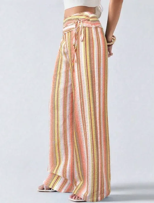 LYSMO Women's Striped Tie-Up Patchwork Long Pants,Cargo Pants,XL