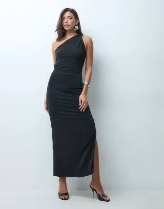 TFNC hotfix one shoulder asymmetric open back detail maxi dress in black