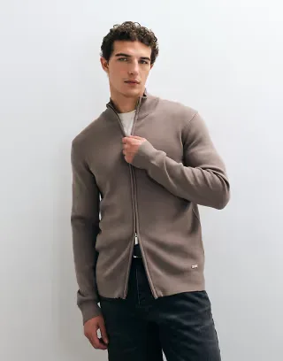 Threadbare zip through cardigan with funnel neck in taupe