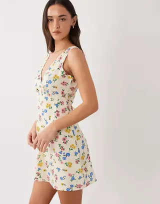 Wednesday's Girl v neck mini dress in yellow multi floral