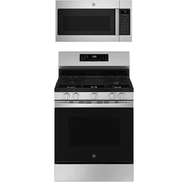 GE Appliances 2-Piece Kitchen Package with Free-Standing Gas Range and 1.9 Cu. Ft. Over-The-Range Microwave