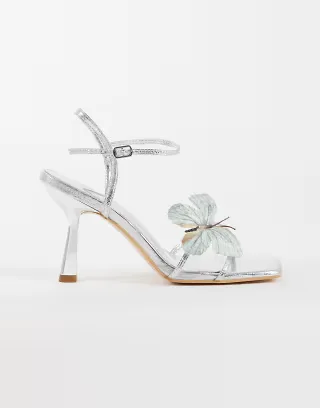 Public Desire Wide Fit Colossus flower barely there heeled sandals in silver
