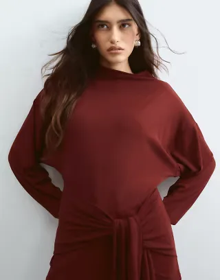 ARRANGE jersey long sleeve top with tie waist in wine