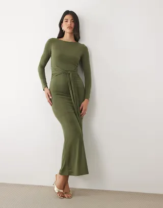 TFNC slinky slash neck drape front midaxi dress in olive