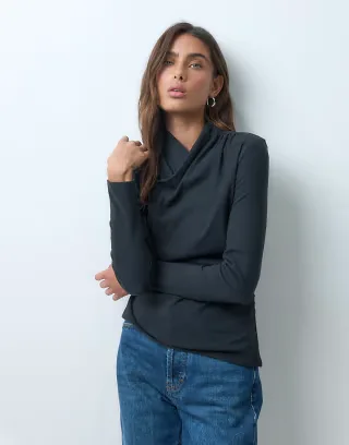 ASOS DESIGN supersoft draped high neck wrap top in black