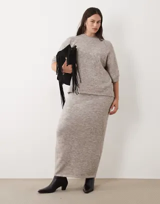 ASOS DESIGN Curve midaxi skirt with wool in mushroom - part of a set