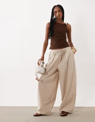 ASOS DESIGN linen blend horseshoe barrel pants in neutral - part of a set