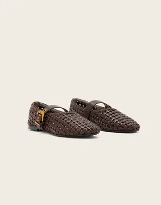 AllSaints Sabine leather woven ballet flats with gold buckle strap in brown