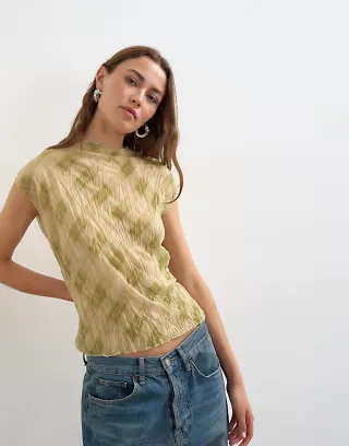 Topshop mesh crinkle fitted tee in plaid print