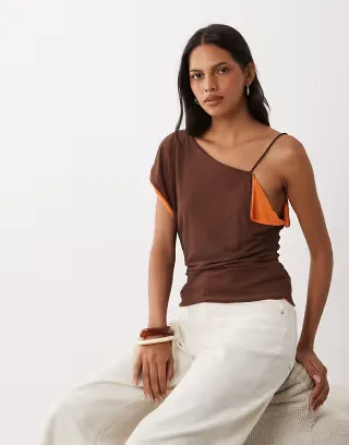 ASOS DESIGN double layer contrast mesh asymmetric tank top in brown and orange